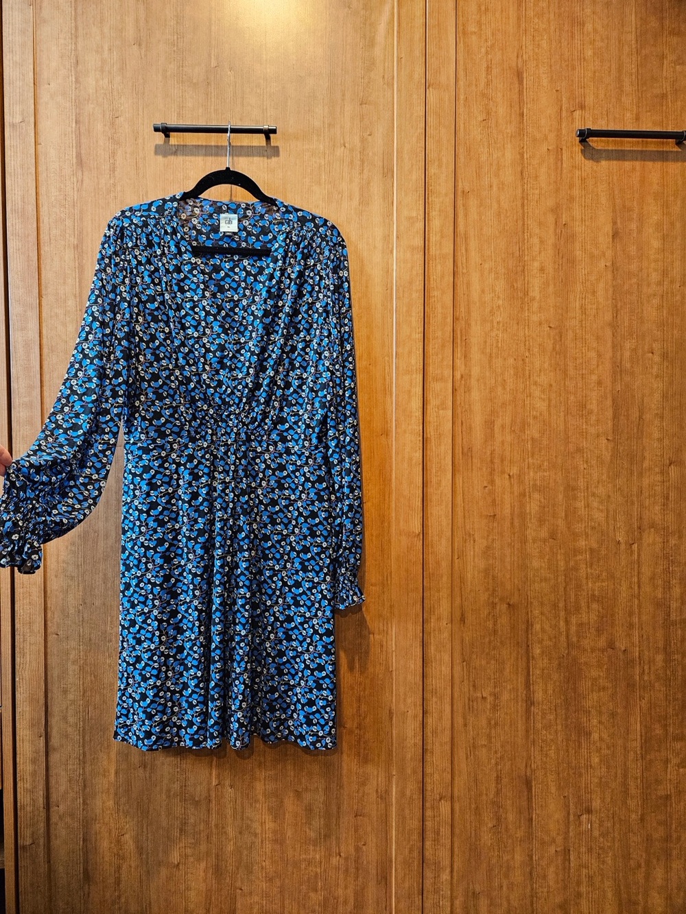 CAbi Blue Floral Wrap Dress with Long Sleeves